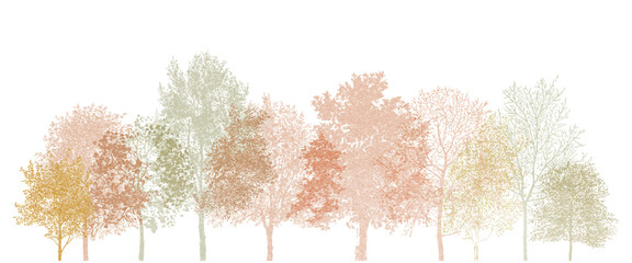 Architectural CAD Tree Drawings, Minimal Autumn Line Style, Side View Section Wetland Forest Outline for Landscape Design, Separate Elements Vector Illustration Set © YET FAR 