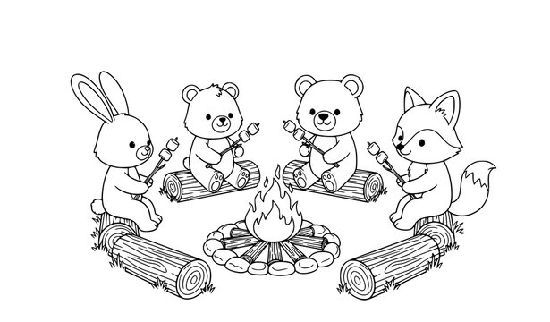 Cute little animals camping around bonfire cartoon line art vector illustration kids coloring page outdoor camp scene