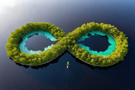 Aerial View of Infinity Shaped Island with Kayaker in Calm Waters, high detail professional stock image with clean composition, natural lighting, commercial use ready visual, modern aestheti siyam