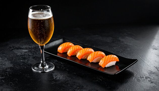 握り寿司・ビール・スパークリングワイン・ペアリング・高級感・黒背景・グルメ・和食&times;洋酒／Nigiri sushi pairing with sparkling wine or beer, Japanese food and drink pairing, premium sushi bar atmosphere, dark background gourmet photography