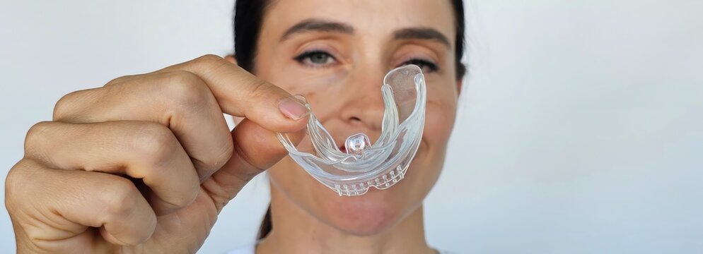 Smiling woman holds transparent plastic mouth guard in her hand concept
