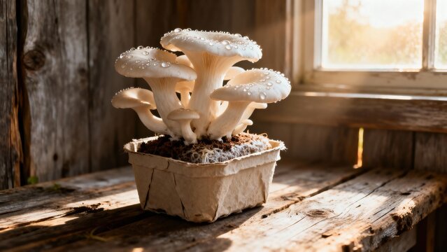 Cluster of white oyster mushrooms growing in wooden box on rustic table near sunny window, high detail professional stock image with clean composition, natural lighting, commercial use ready siyam