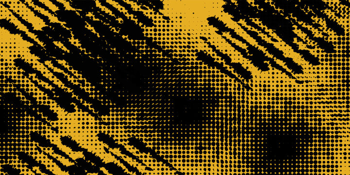 Dots pop art comics sport style vector illustration. Dots halftone yellow and black color pattern gradient grunge texture background.