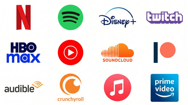 Netflix, Spotify, Disney Plus, Twitch, HBO Max, Youtube, Soundcloud, Patreon, Audible, Crunchyroll, Apple Music, Amazon Prime Video. Collection of popular streaming service and entertainment logos