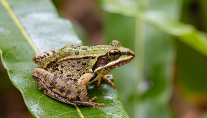 Obraz premium A small green frog sits on a large leaf in a natural outdoor setting.