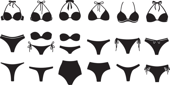 Black swimwear and bikini top illustrations collection isolated on transparent background, Vector