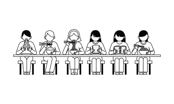Diverse group of people eating different meals together at long table.