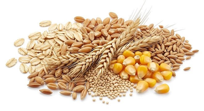 Top view of mixed whole grains and legumes including wheat, oats, barley, corn, and soybeans on white background