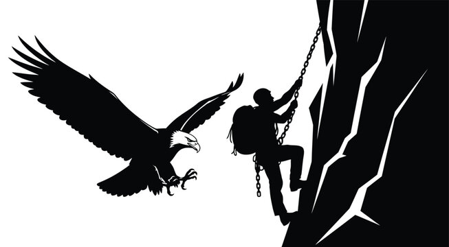 Eagle flying towards rock climber ascending steep mountain cliffside.