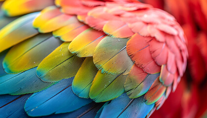 Obraz premium Vibrant colorful parrot feathers macro close-up outdoors in nature