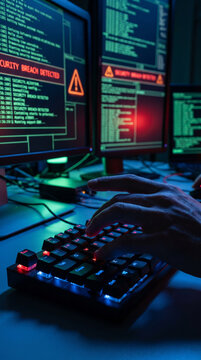 Dark room with glowing computer screens showing cyber firewall breach alerts, hands typing on illuminated keyboard, creating a tense, high-tech atmosphere
