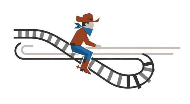 Cowboy riding a roller coaster on train tracks, western adventure, fun