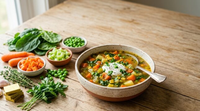 Hearty vegetable soup with fresh ingredients and a dollop of cream
