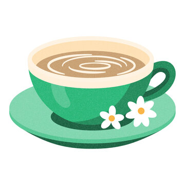 Hot Herbal Tea in a Green Cup with Chamomile Flowers, Grain texture