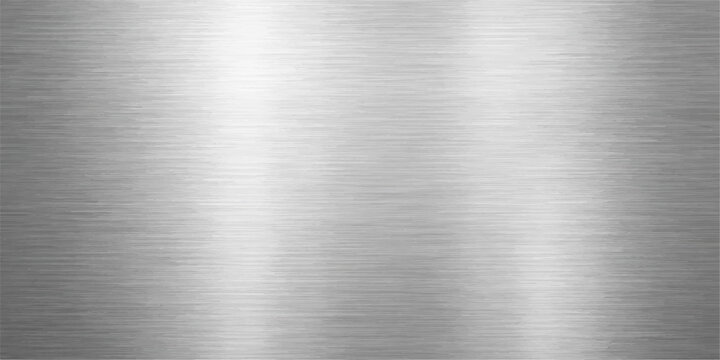 A polished silver stainless steel plate with an industrial brushed metal texture creates a shiny grey metallic background on a sleek titanium material sheet