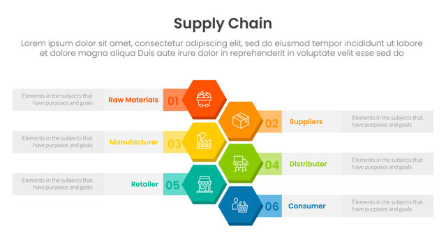Supply chain management process infographic with honeycomb hexagon vertical layout direction with 6 step points for slide presentation