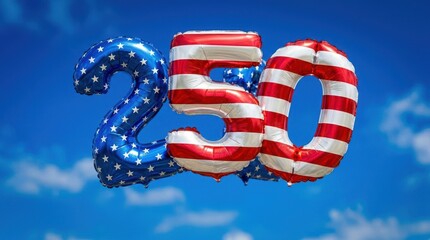 Obraz premium Patriotic number 250 balloons float against a bright blue sky with clouds