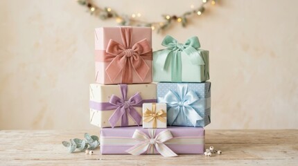 Fototapeta premium Beautifully Wrapped Gifts Stacked High with Festive Lights in Background