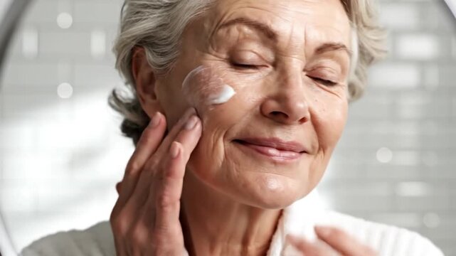 Elderly woman applying skincare in bright modern bathroom
