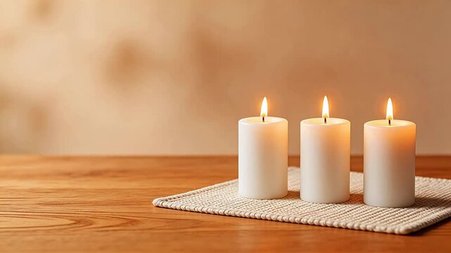 Three lit white candles on wooden table