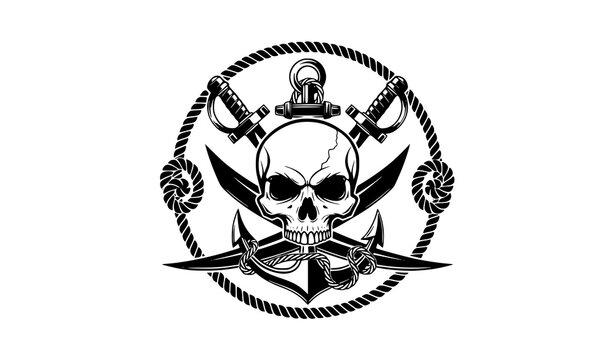 Pirate skull emblem vector with crossed swords anchor and rope badge isolated on white background