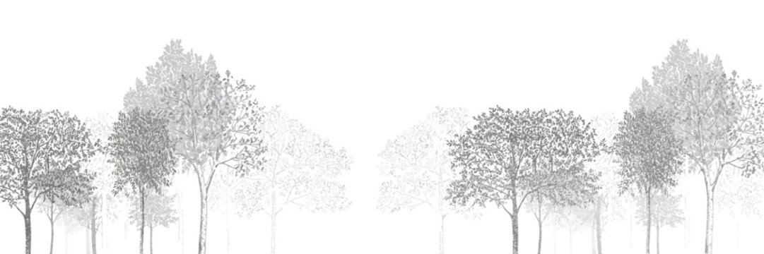 Architectural CAD Tree Line Drawing Set, Minimal Style Side View Section Wetland Forest Outline for Landscape Design, Separate Elements Clean Vector Illustration Collection