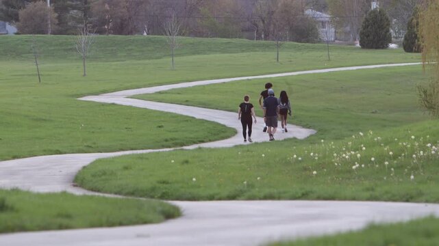 Zoomed in video of four people, most likely two couples, walking down a winding trail path surrounded by green grass.