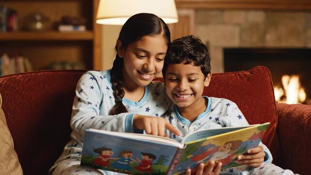 Children reading a book together on a comfortable couch by fireplace in cozy living room at night