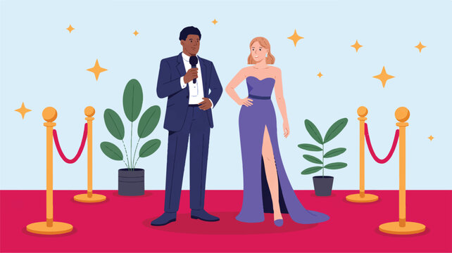 A flat design illustration of a man and woman standing on a red carpet with plants and stanchions