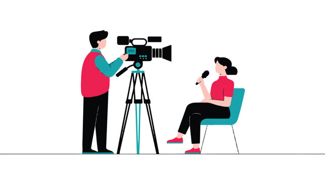 A woman is interviewed by a cameraman in a studio setting with modern equipment.