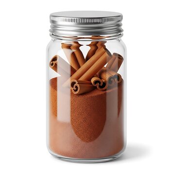 Cinnamon sticks and powder in glass jar with wooden scoop on white background