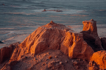 View of Flaming Cliffs in Gobi Desert, Mongolia Taken From Above at Sunset © ANITEK MEDIA 
