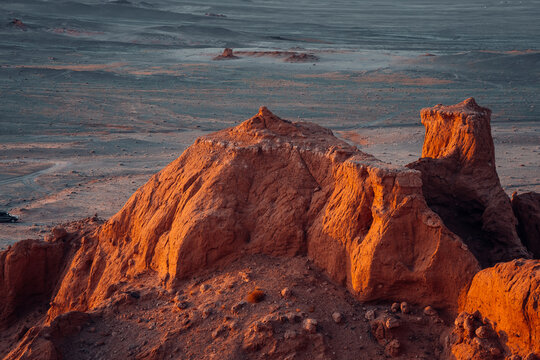 View of Flaming Cliffs in Gobi Desert, Mongolia Taken From Above at Sunset