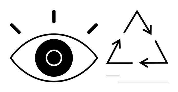 Environmental awareness, recycling, sustainability, conscious living, waste management, circular economy. Eye shape with lines and a recycling symbol. Environmental awareness and recycling concepts