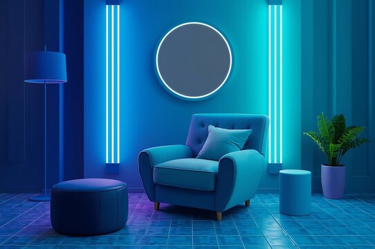 Modern armchair with ottoman and floor lamp in a room with neon blue lighting armchair interior furniture lighting illumination atmosphere contemporary cushions domestic apartment abstract