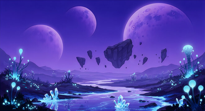 Mystical glowing alien landscape with floating rocks and twin moons