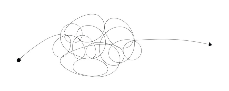 Black tangled scribble line on a clean white background representing complexity and confusion vector. Messy scribble line tangles, chaos transformation, problem solving, stress reduction.  