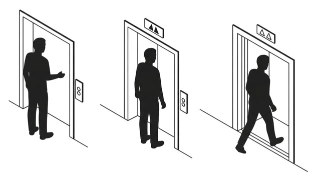 Isometric Elevator Waiting System Workflow Vector Set with Step-by-Step Human Activity Flow in 3 Stages Silhouette Style on Clean White Background