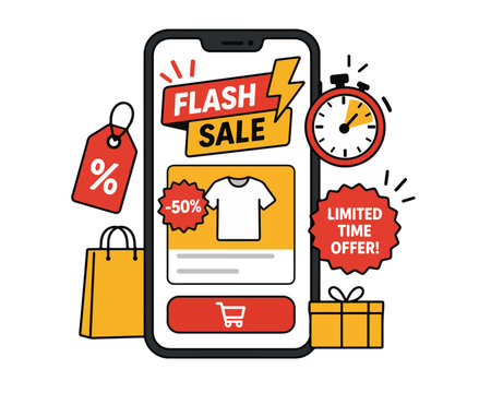 Adobe IllusFlat Vector Flash Sale Mobile Shopping Illustration with Discount Tags and Limited Time Offer Concepttrator Artwork