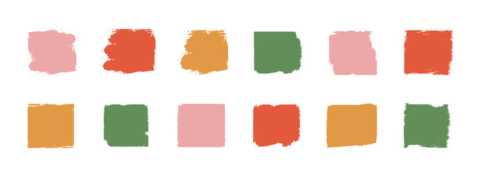 Hand drawn scratch crayon brush strokes vector design. Colorful Grunge rectangle frame texture set, ink stamp border, grungy rough box, chalk style abstract square outline, dirty shape template.