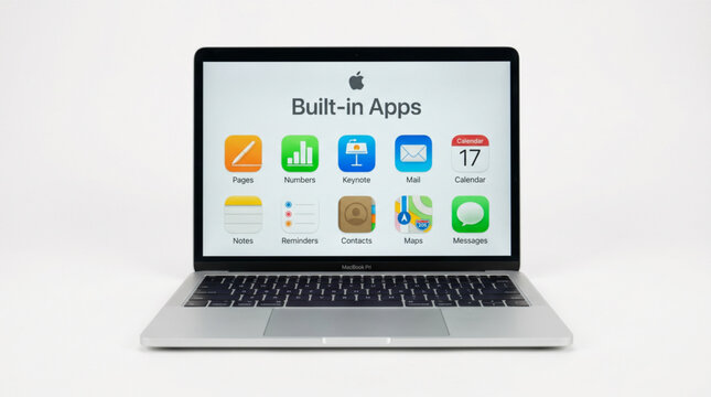 Apple MacBook Pro laptop showing built-in productivity apps icons on screen including Pages, Numbers, Keynote, Mail, Calendar, Notes, Reminders, Contacts, Maps and Messages, macOS interface mockup.