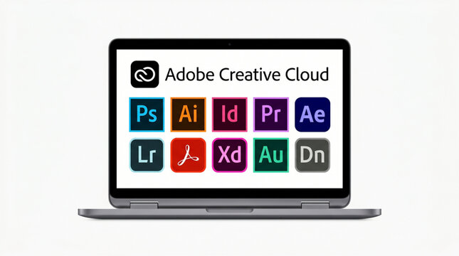 Adobe Creative Cloud icon set on laptop screen, software logo collection, Photoshop, Illustrator, InDesign, Premiere Pro, After Effects, Lightroom, Acrobat, XD, Audition, Dimension apps UI mockup