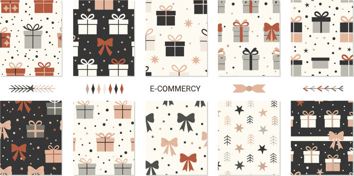 Seamless Gift Pattern Set Featuring Christmas Presents, Bows, Stars, and Festive Wrapping Designs for Holiday Packaging and E-commerce Backgrounds
