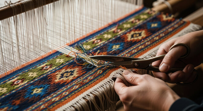 Intricate Handwoven Rug Creation A CloseUp of Artisanal Craftsmanship.