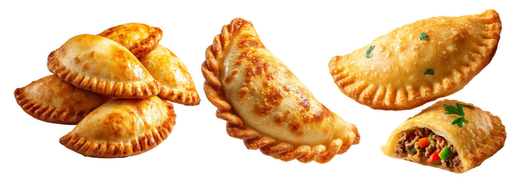 Argentina and Uruguay empanadas stacked in a pyramid, golden baked crust, meat and potato filling, isolated on white background