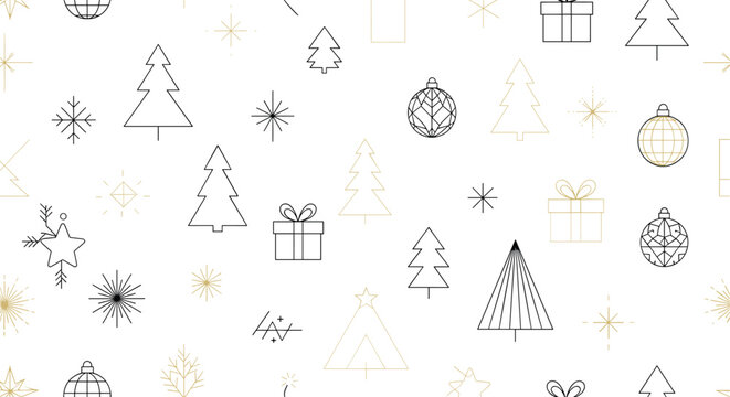 Minimalistic Christmas Pattern Featuring Geometric Trees, Ornaments, Stars, and Gifts for Elegant Holiday, Winter, and Festive Designs