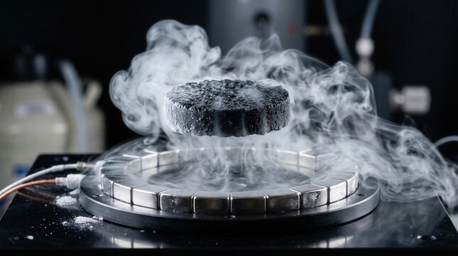 Black superconductor disc levitating above magnets with liquid nitrogen smoke