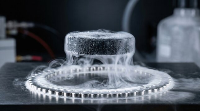 Black superconductor disc levitating above magnets with liquid nitrogen smoke