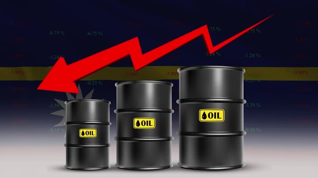 Nauru Flag with Oil Barrels and Red Downward Arrow Falling Crude Prices Economic Decline