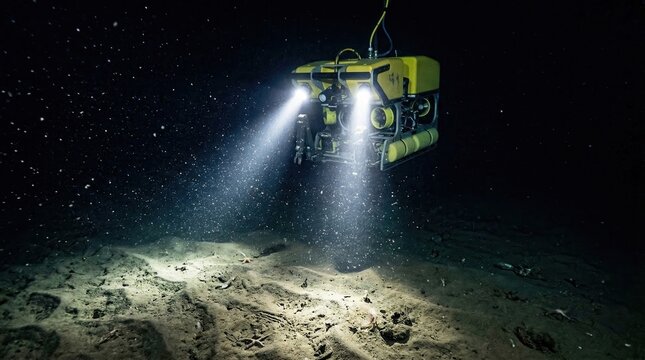 Yellow underwater ROV shining powerful searchlights on deep dark ocean floor